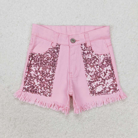 SS0230 pink sequin tassels girls denim shorts