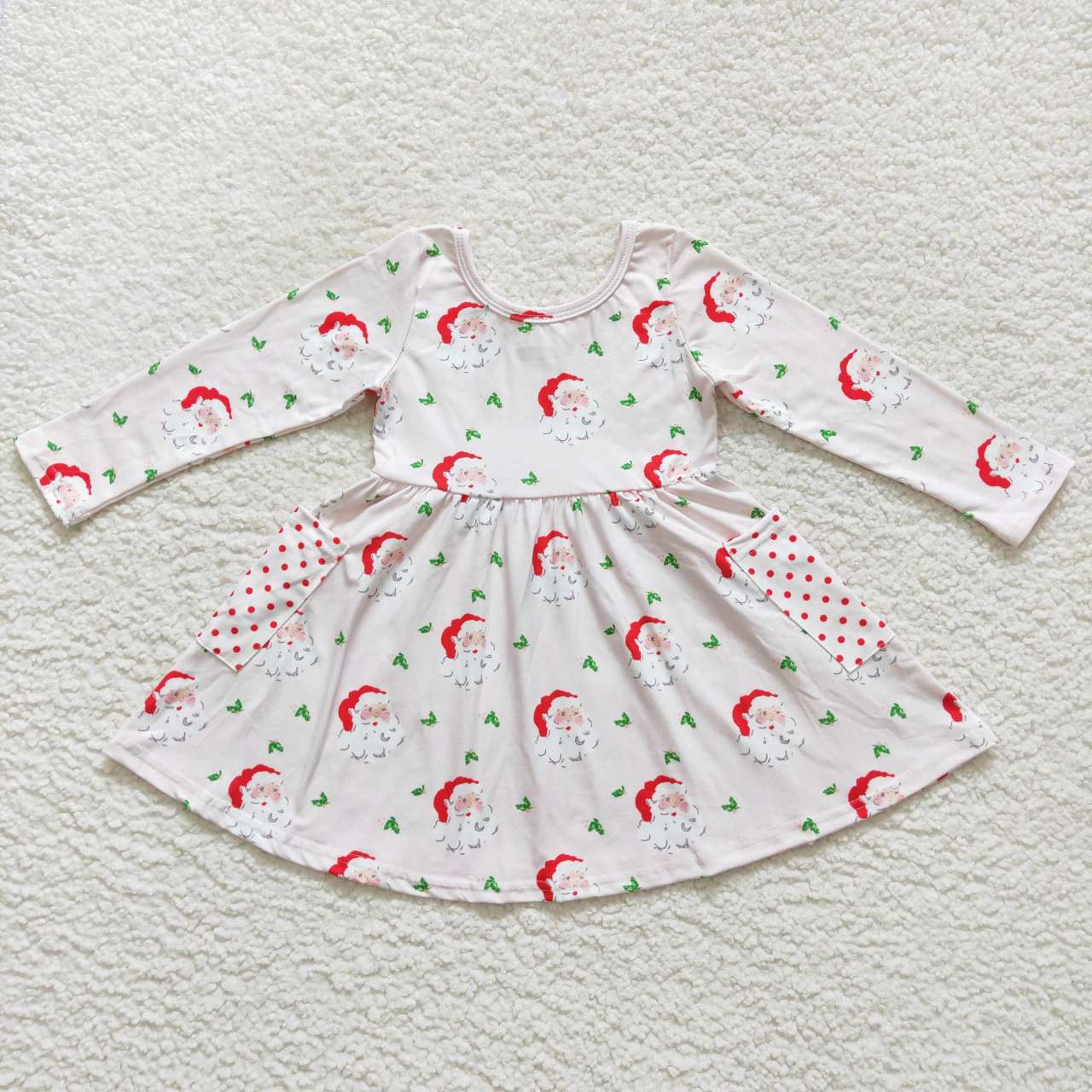 GLD0369 Christmas Santa Claus pink long sleeve pocket girls dress