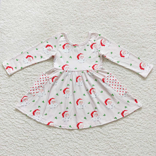GLD0369 Christmas Santa Claus pink long sleeve pocket girls dress