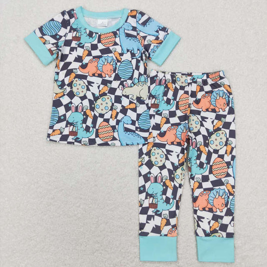 BSPO0283 Easter Egg Dinosaur Carrot Checkered Short Sleeve Pants Boys Pajamas