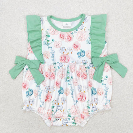 SR1421 multi color flowers green flutter sleeve girls romper
