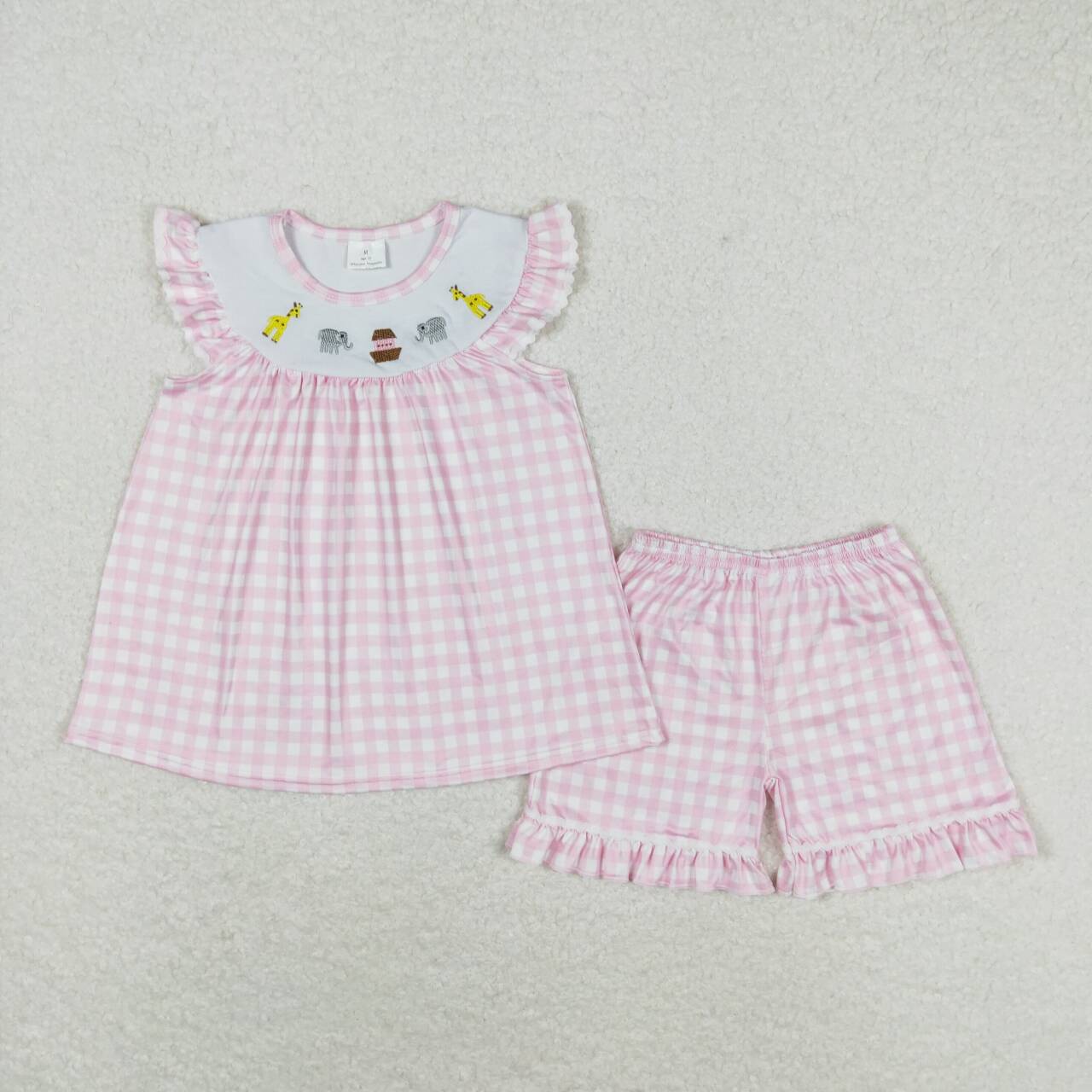 GSSO0795 embroidery Animals elephant giraffe pink checkered flutter sleeve girls set
