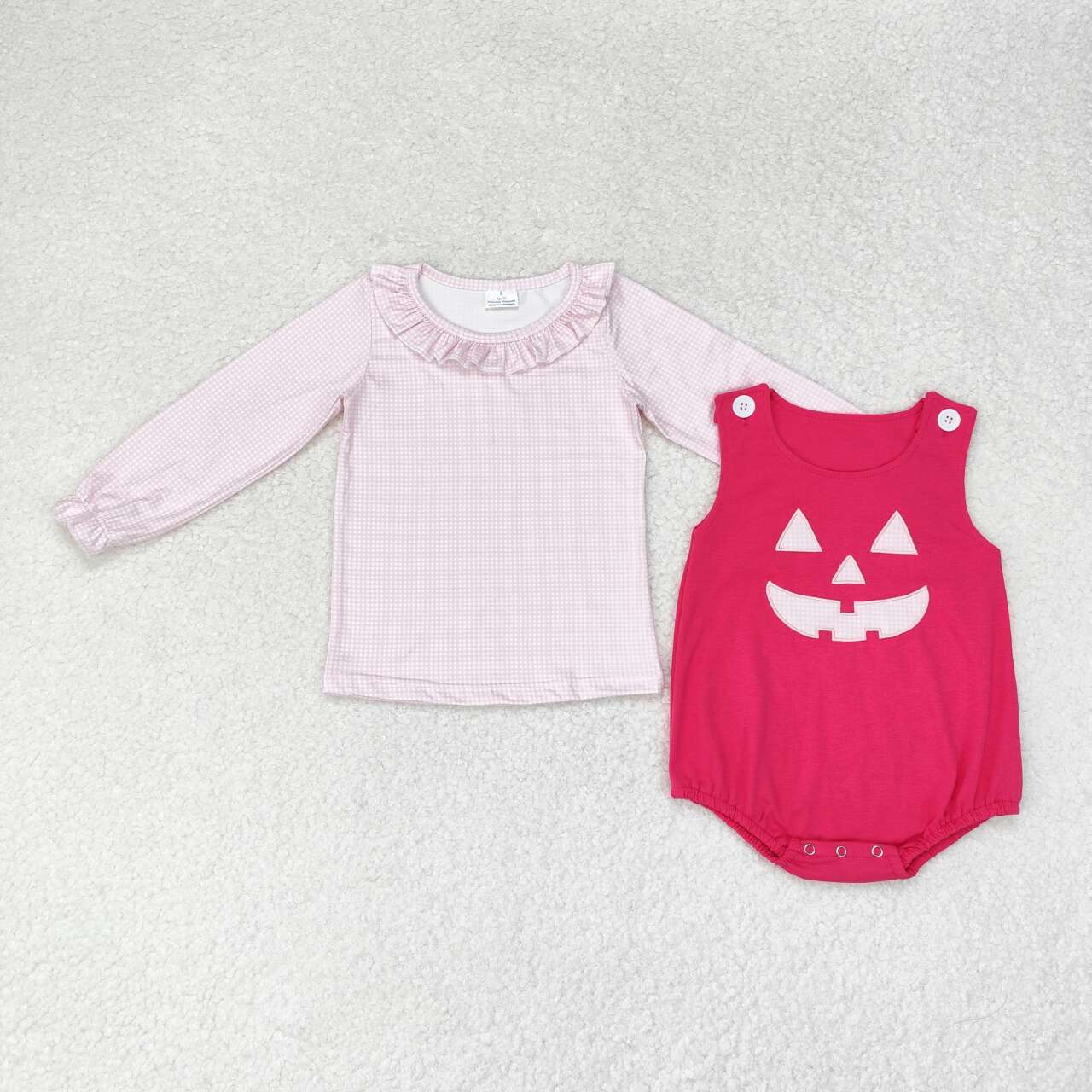 LR1171 embroidery Halloween smile pumpkin long sleeve hot pink girls romper 2pcs