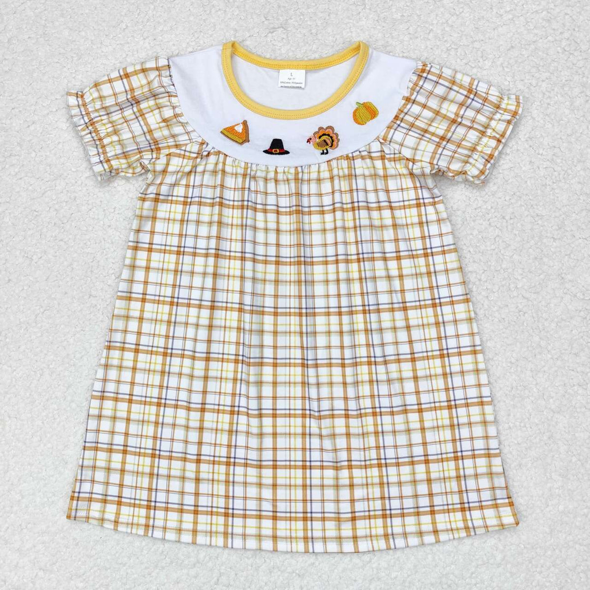 GSD1322 embroidery Thanksgving turkey pie pumpkin checkered short sleeve girls dress