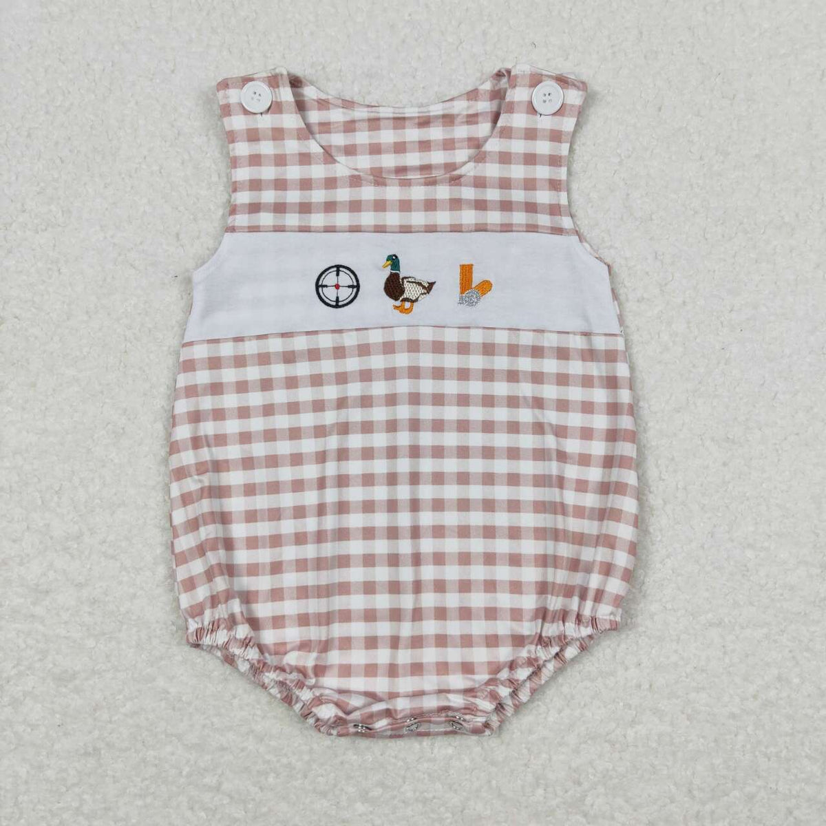 SR1009 embroidery Hunting Mallard Khaki Checkered Sleeveless Boys Romper