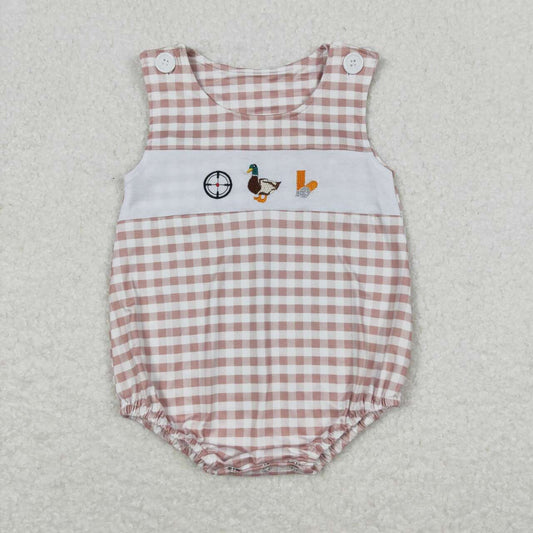 SR1009 embroidery Hunting Mallard Khaki Checkered Sleeveless Boys Romper