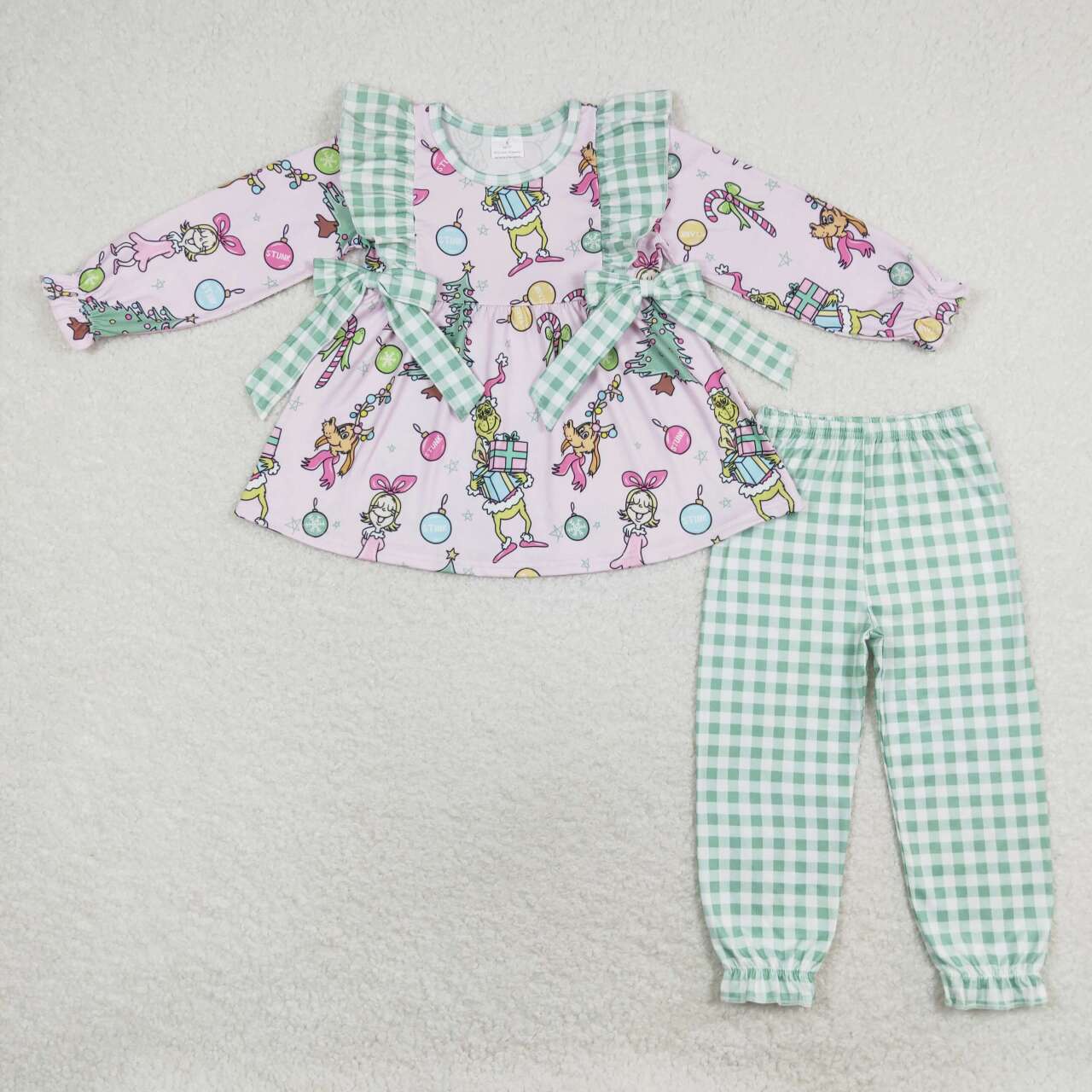 GLP1189 Christmas green face pink long sleeve green checkered pants girls set