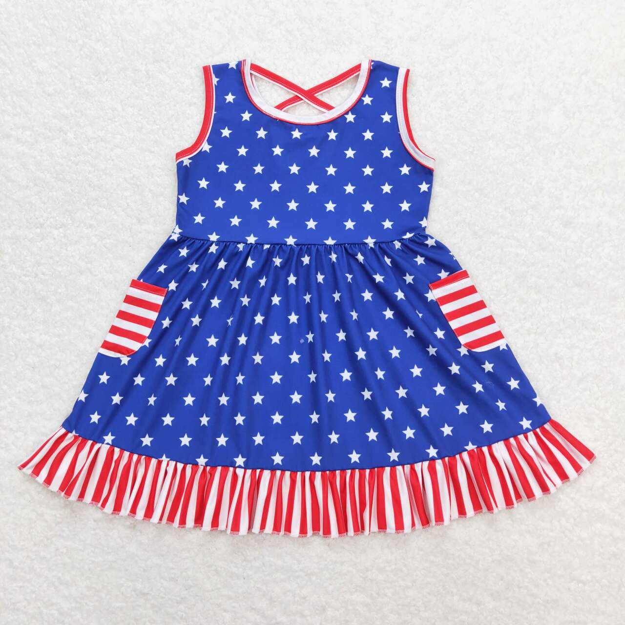 GSD0976 July 4th star red striped pockets blue sleeveless girls dress