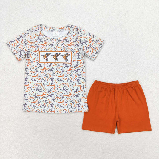 BSSO0952 embroidery mallard duck camo short sleeve brown shorts boys set