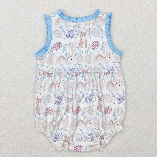 SR0507 Easter rabbit flowers blue sleeveless girls romper