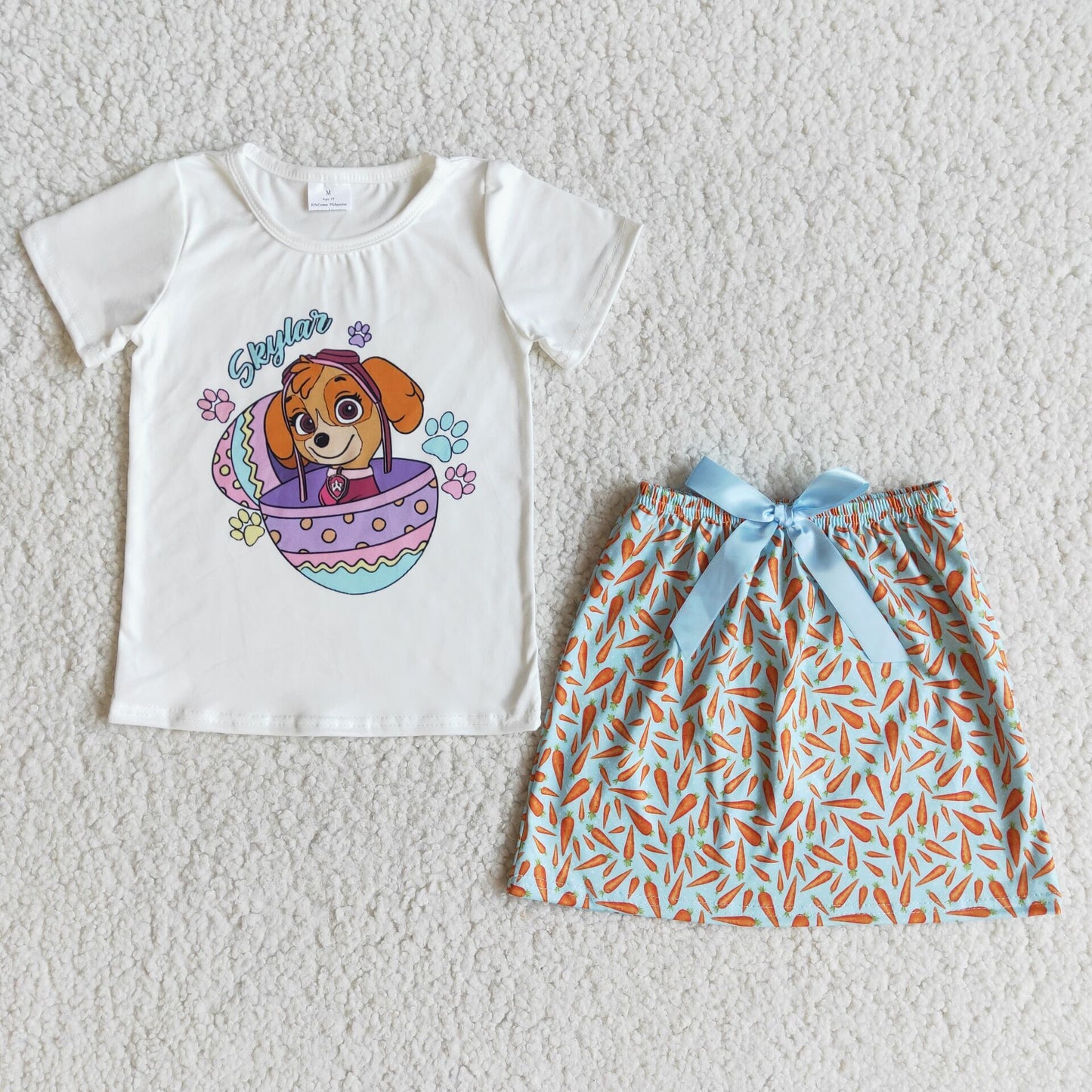 E10-1 Girls Sky Skirts Easter Dog Carrot Print Dress Set