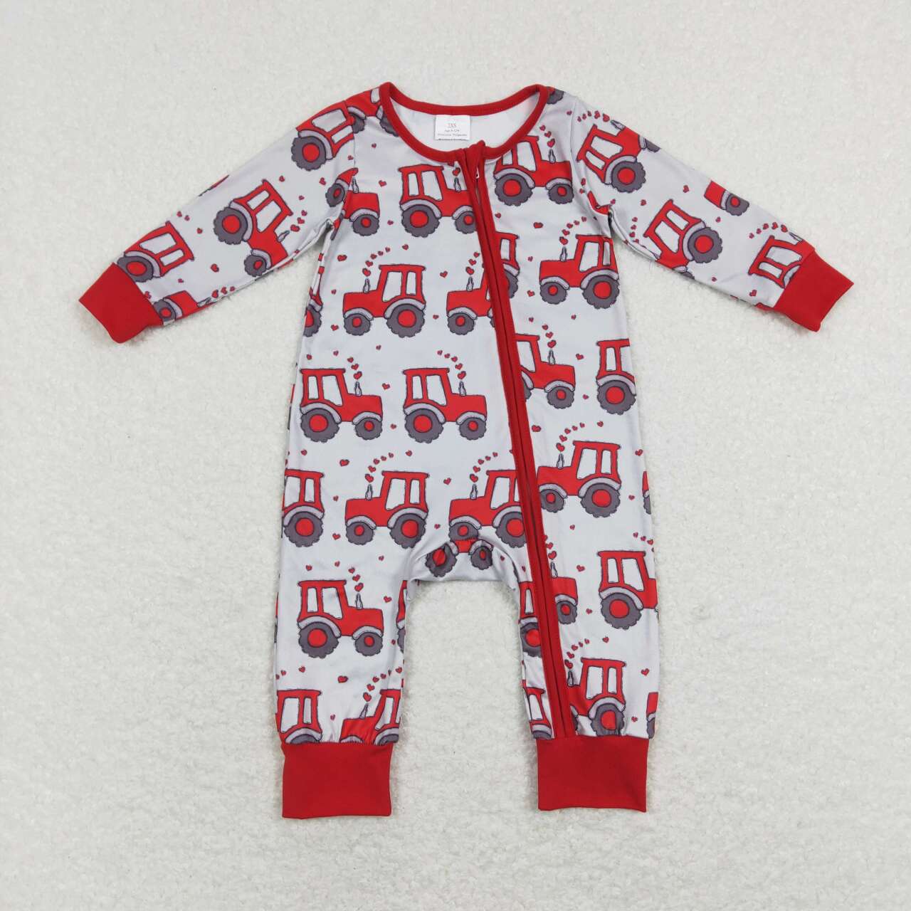 LR0887 Valentine's Day Heart Tractor Long Sleeve Kids Zipper Romper