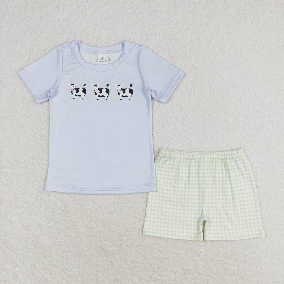 BSSO0935 cow blue short sleeve green checkered shorts boys set