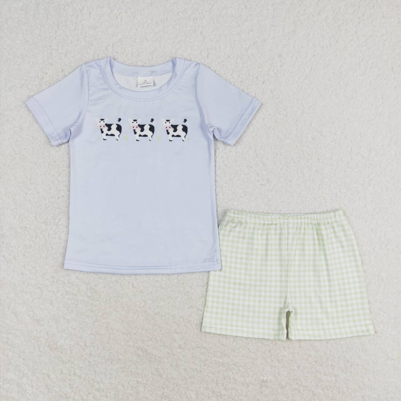 BSSO0935 cow blue short sleeve green checkered shorts boys set