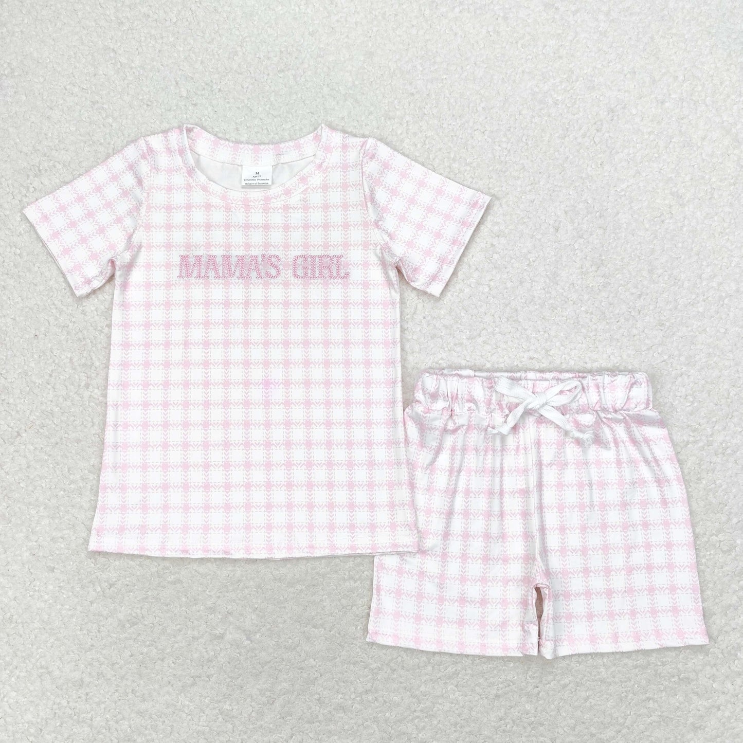 GSSO1236 embroidery mama's girl pink checkered short sleeve shorts girls set