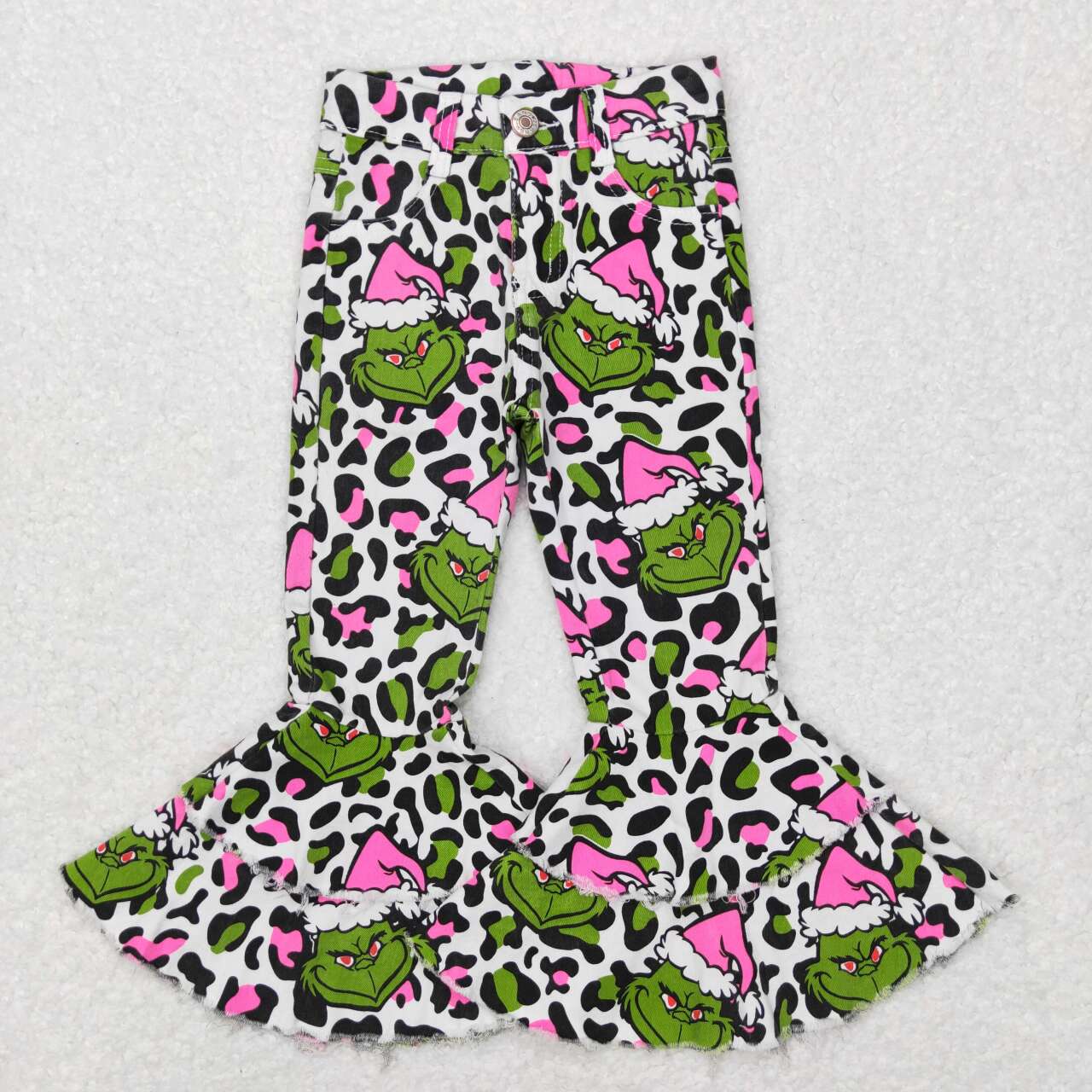 P0318 Christmas green face leopard denim pants