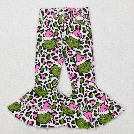 P0318 Christmas green face leopard denim pants