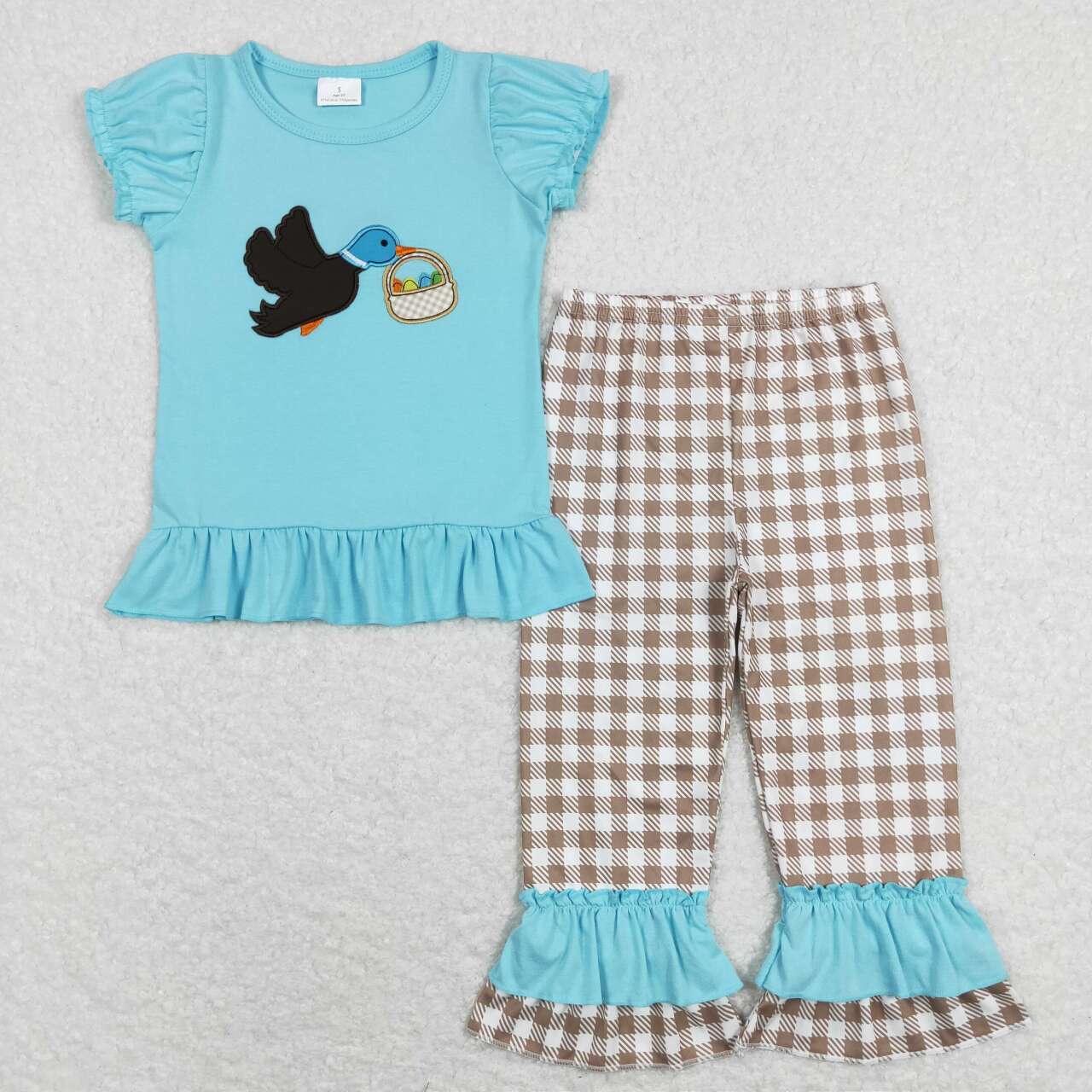 GSPO1022 Mallard egg blue short sleeve brown checkered pants girls set
