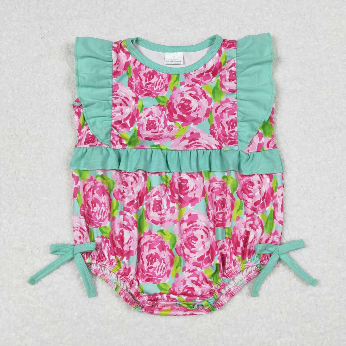 preorder SR1034 Hot Pink Flowers Cyan Flutter Sleeve Girls Summer Romper