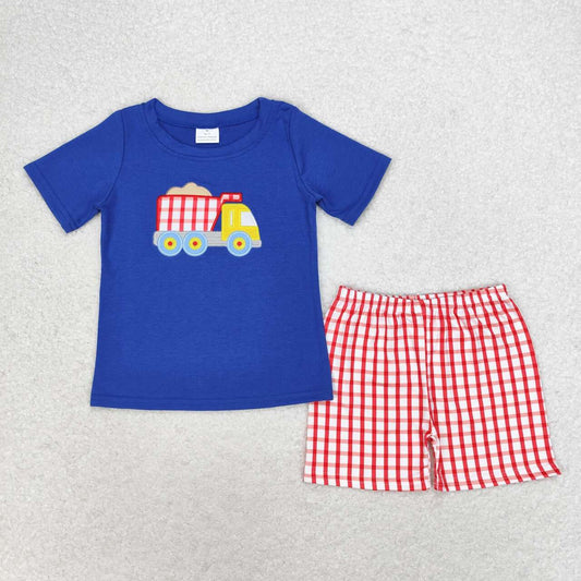 BSSO0857 embroidery dump truck navy blue short sleeve red checkered shorts boys set