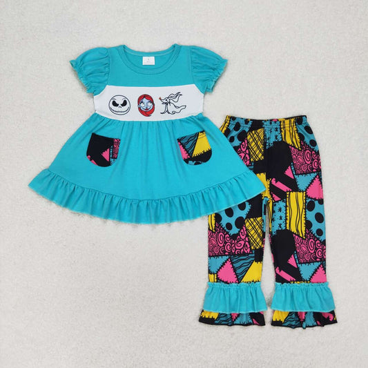GSPO1579 Halloween skull blue short sleeve colorful stitch pants girls set