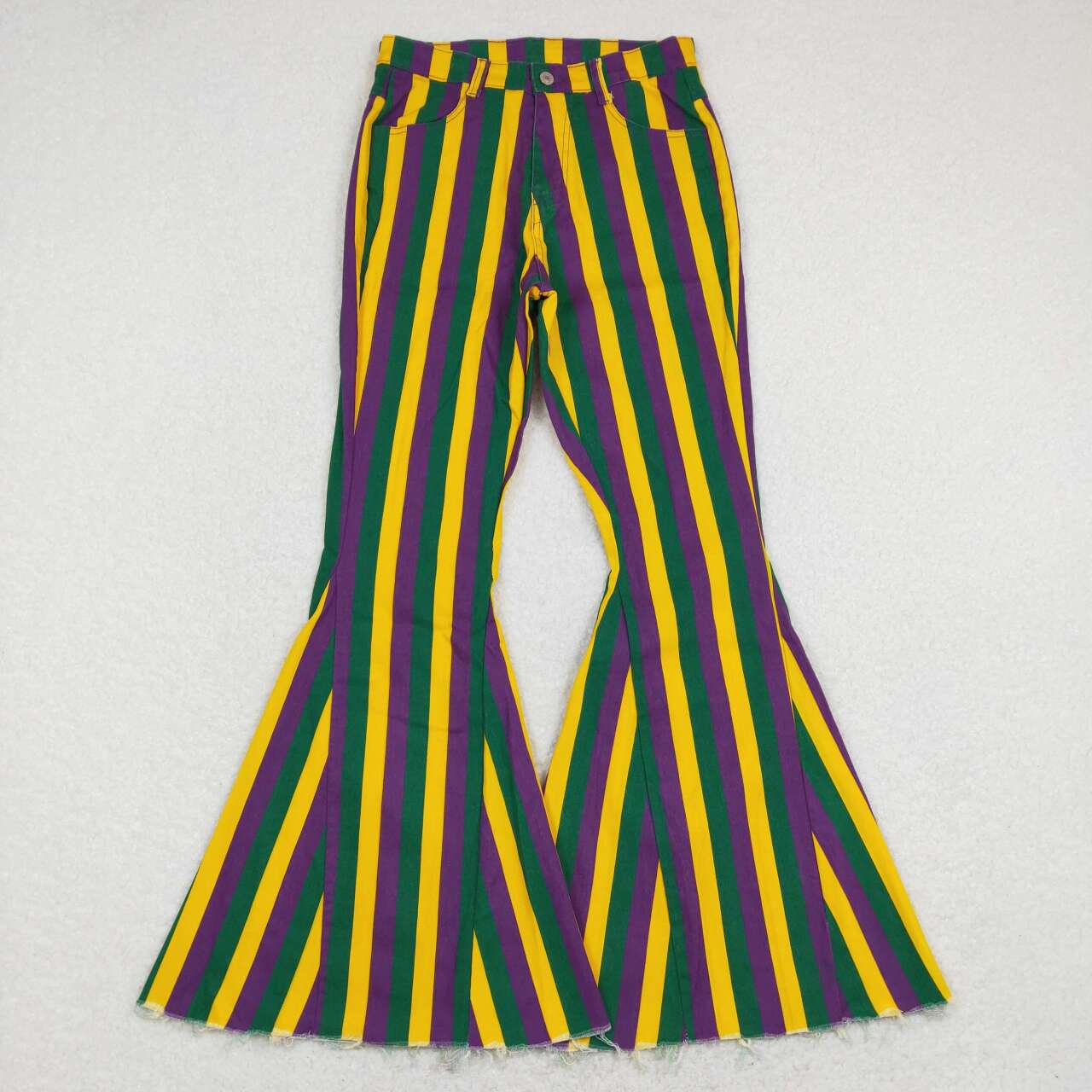 P0328 Mardi gras yellow green purple striped adult denim pants