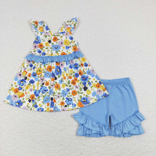 GSSO0494 Colorful Flowers Flutter Sleeve Blue Ruffles Shorts Girls Set