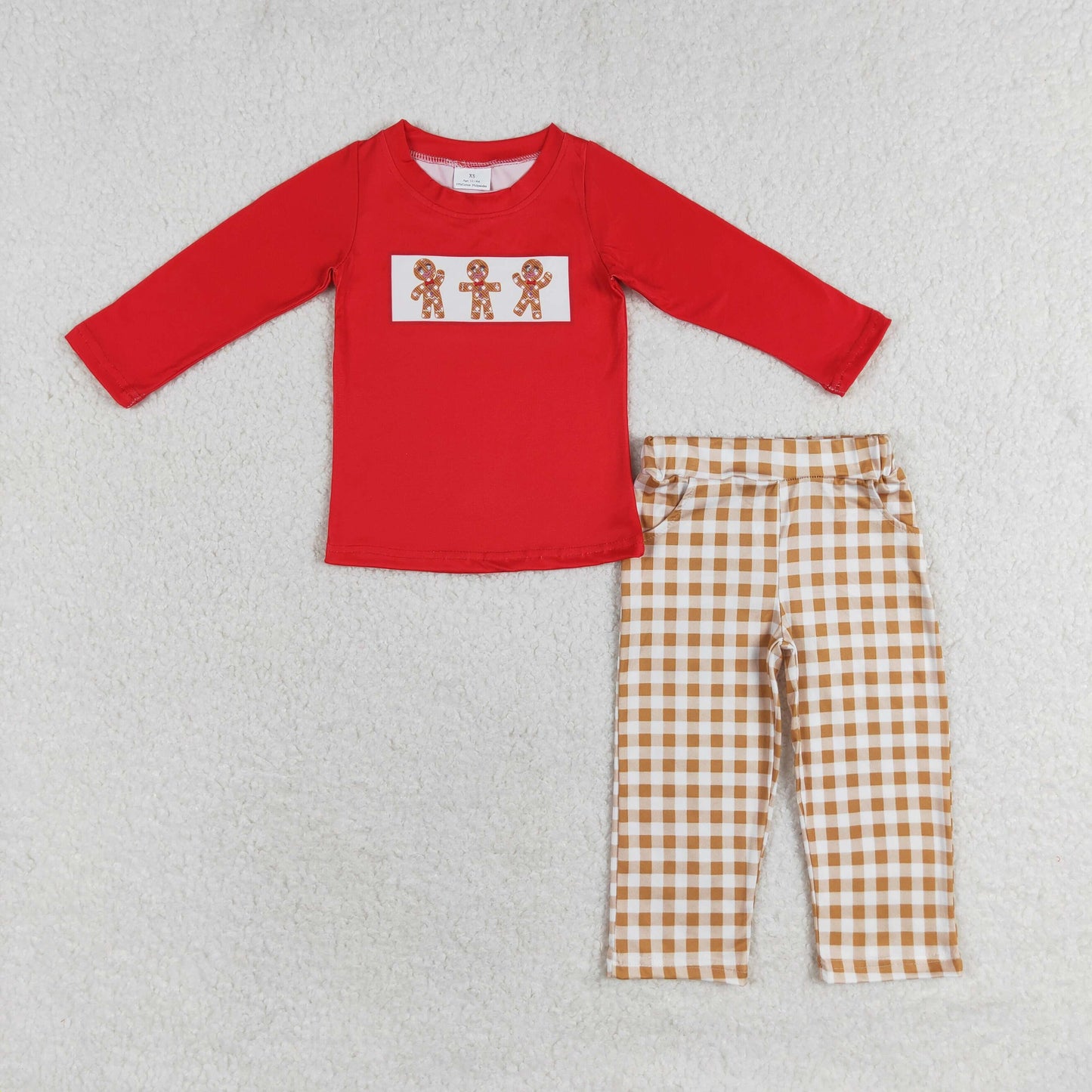 BLP0552 Christmas gingerbread man red long sleeve khaki checkered pants boys set