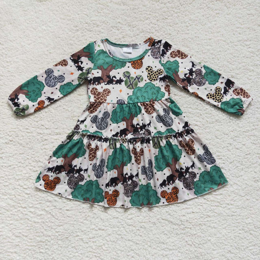 GLD0260 Tree Cartoon Green Long Sleeve Girls Dress