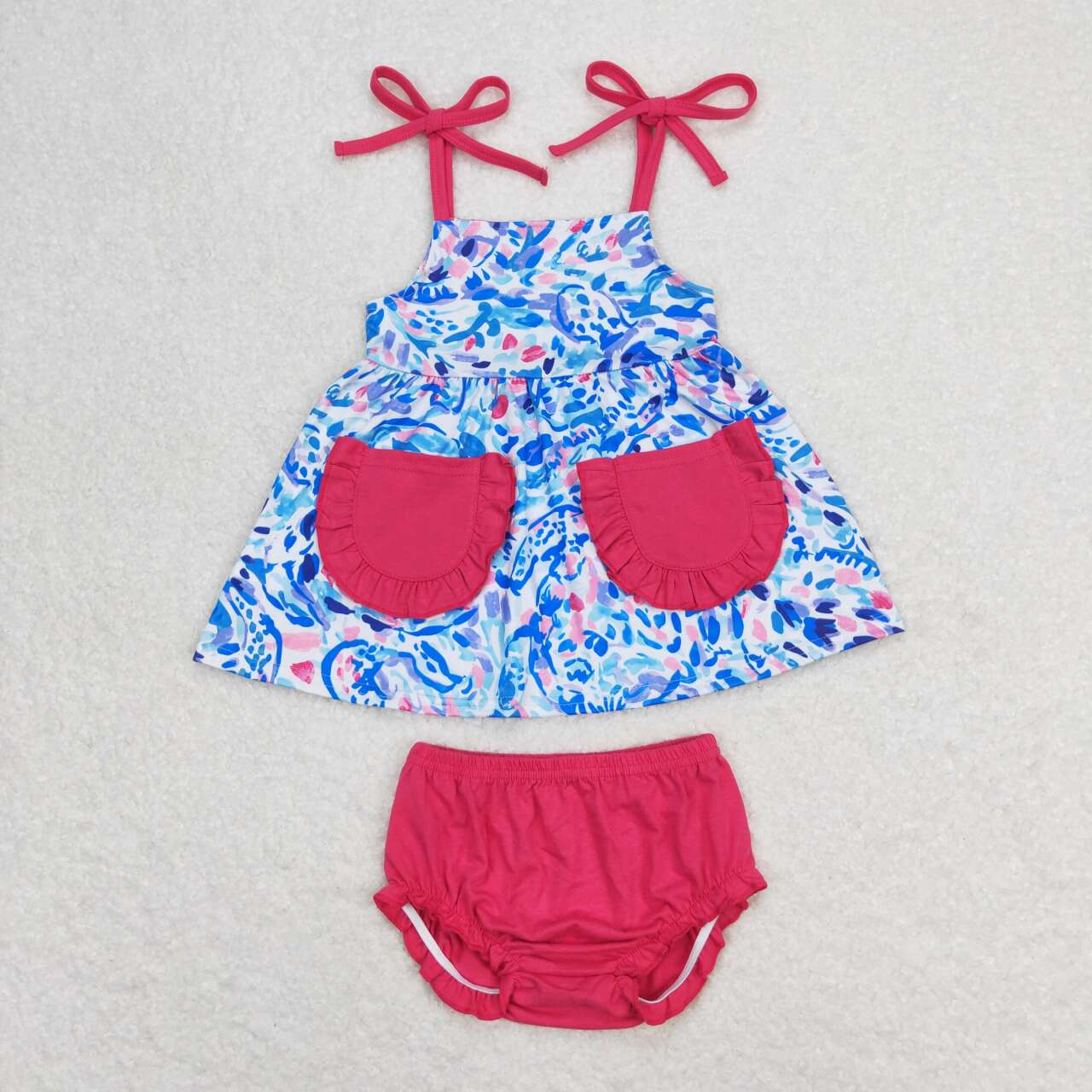GBO0338 Blue print pockets sleeveless hot pink girls bummies set