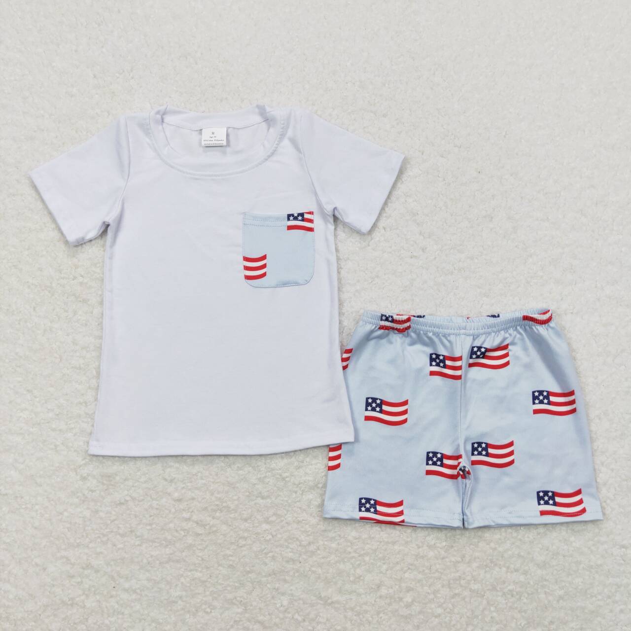 BSSO0642 July 4th flag pocket white short sleeve shorts boys set