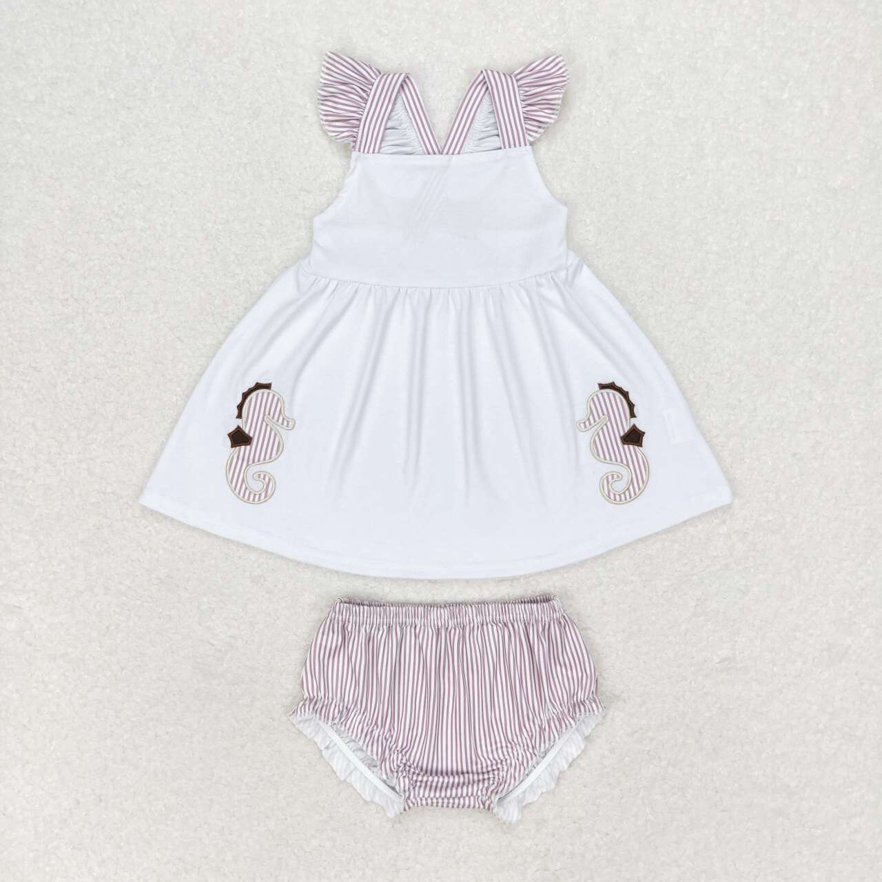 GBO0350 embroidery sea horse flutter sleeve khaki striped shorts girls set