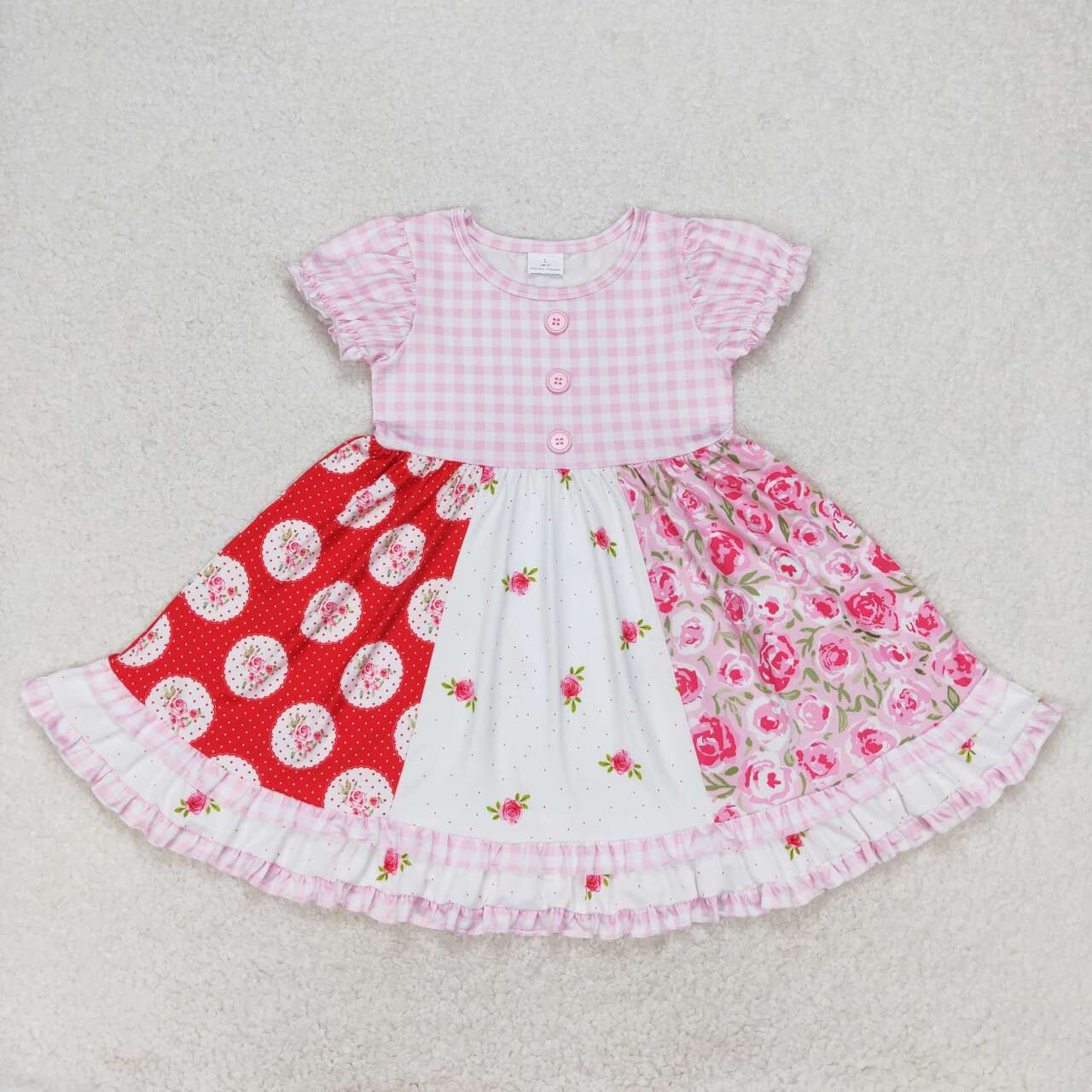 GSD0887 Hot pink flowers pink checkered short sleeve girls dress