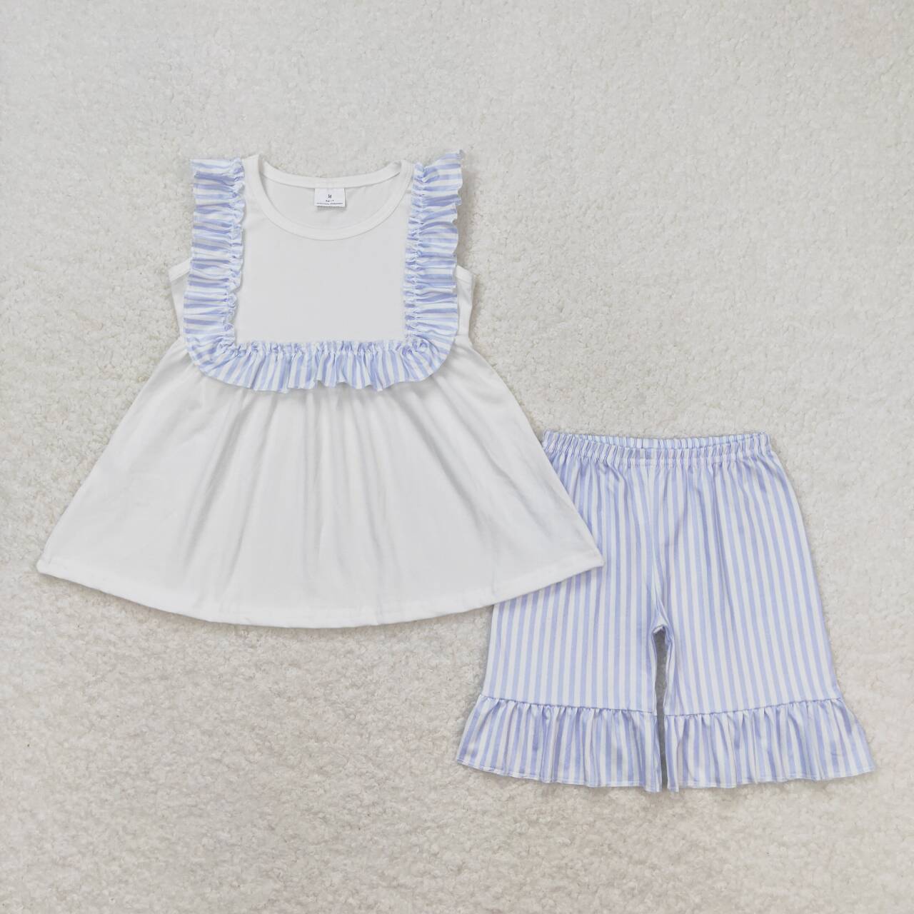 GSSO0926 white ruffles flutter sleeve blue striped shorts girls set