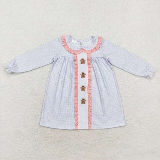 GLD0571 embroidery Christmas gingerbread man blue checkered long sleeve girls dress