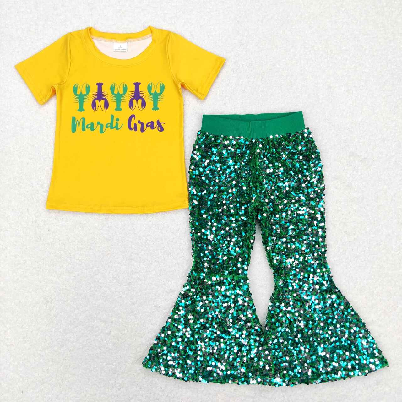 Mardi Gras Grayfish Yellow Short Sleeve Green Sequin Pants Girls Set