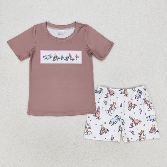 BSSO0940 cartoon bear animals brown short sleeve shorts boys set