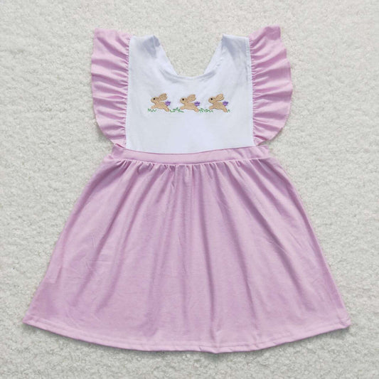 GSD0569 embroidery Easter three rabbit hot pink flutter sleeve girls dress