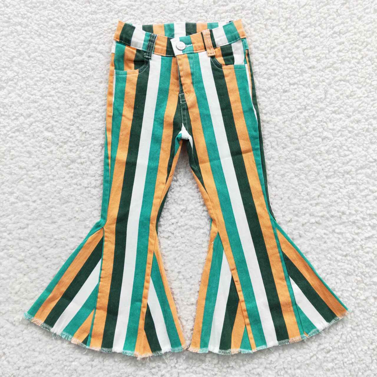 P0131 Fashion Denim Green White Colorful Striped Girls Bell Pants Jeans