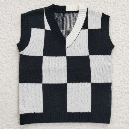 GT0187 White & Black Plaid Vest Movie Girls Sweater