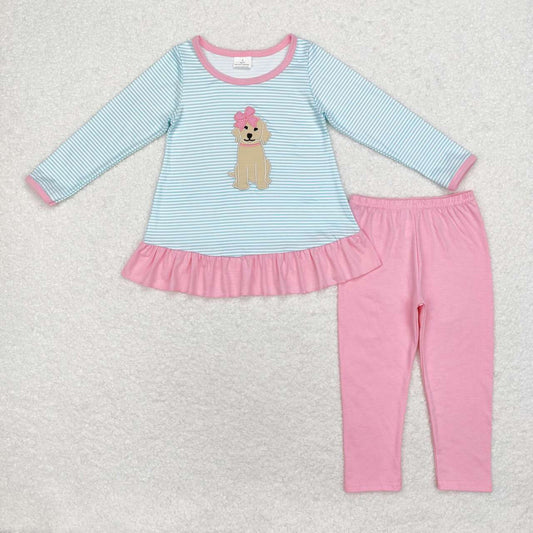 embroidery GLP1376 cute dog blue sky striped long sleeve pink pants girls set