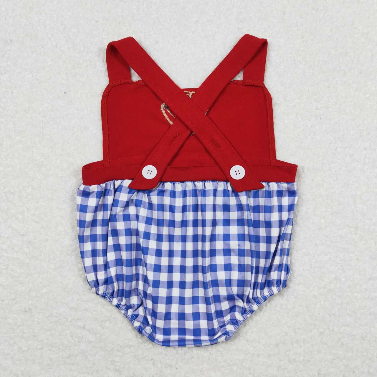 SR0616 embroidery Play baseball red ruffles blue checkered sleeveless boys romper