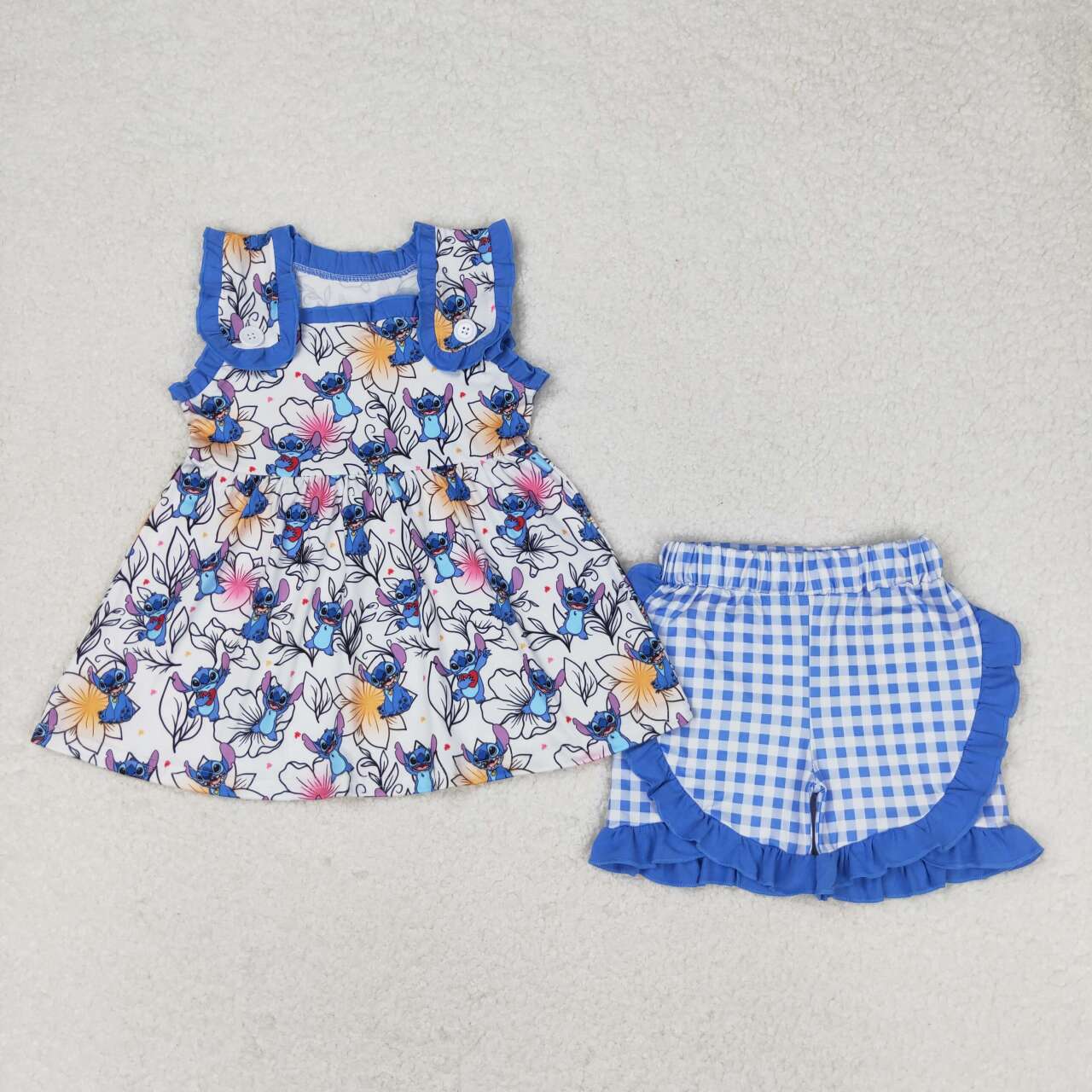 GSSO1040 cartoon cute dog flowers pockets sleeveless blue checkered shorts girls set