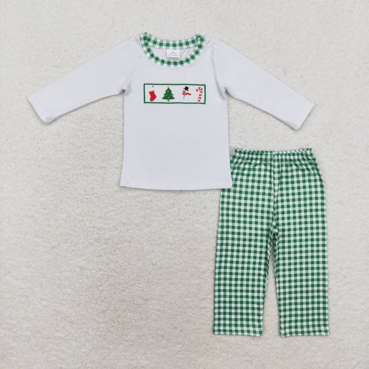 BLP0603 Christmas tree cane candy snowman long sleeve green checkered pants boys set