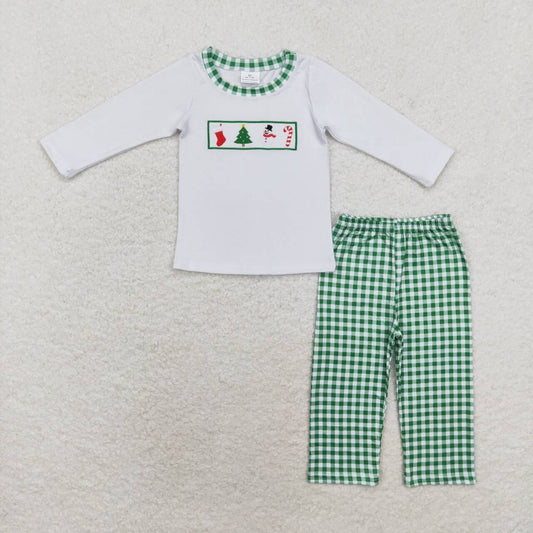 BLP0603 Christmas tree cane candy snowman long sleeve green checkered pants boys set