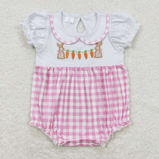 SR0722 Easter rabbit carrot pink checkered girls romper