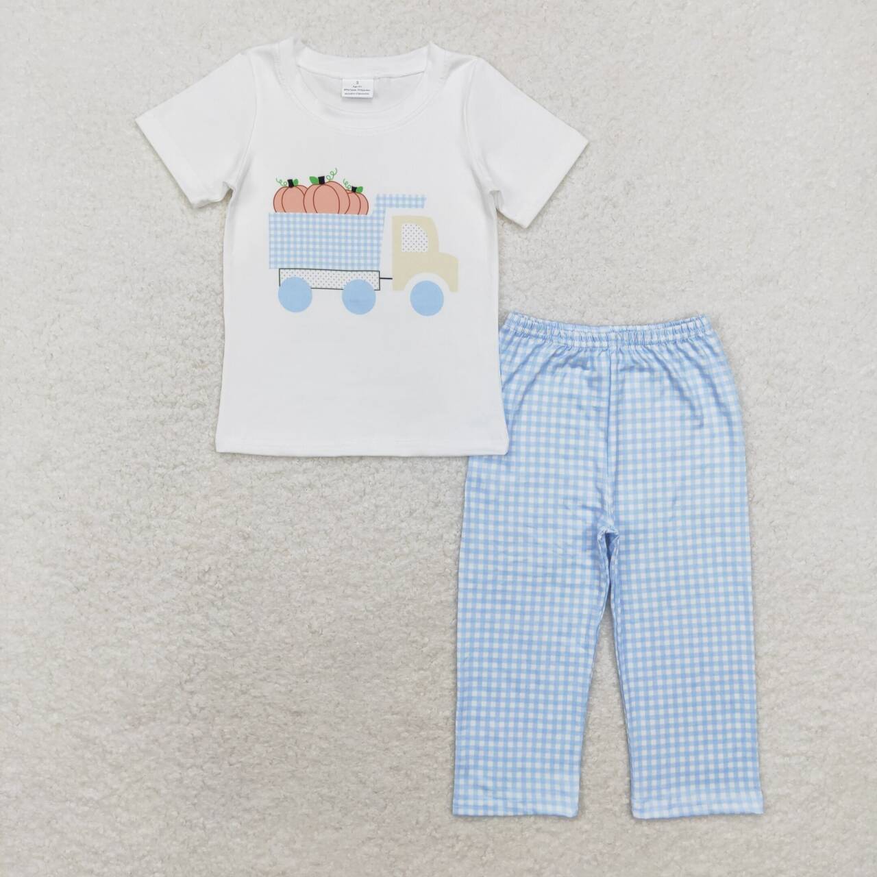 BSPO0398 Autumn full pumpkin truck short sleeve blue checkered pants boys set