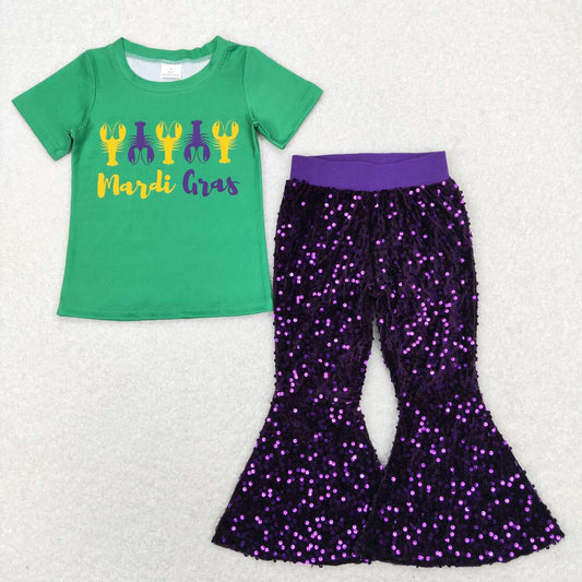 Mardi Gras Grayfish Green Short Sleeve Purple Sequin Pants Girls Set