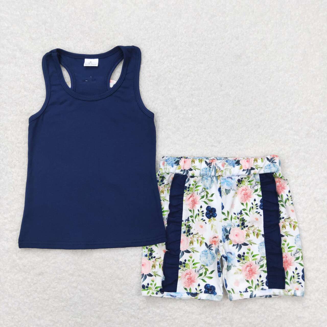 GSSO1062 navy blue sleeveless navy blue flowers shorts girls set