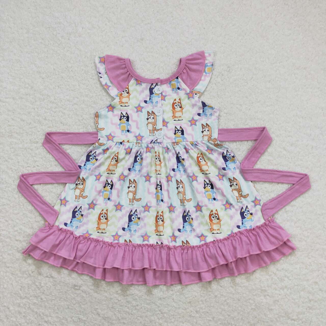 GSD1060 cartoon blue dog pink flutter sleeve girls dress